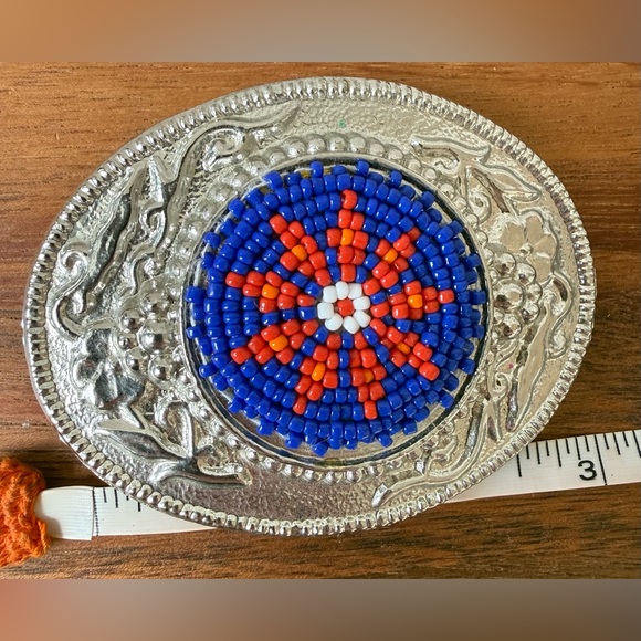 Vintage Silver Belt Buckle with Blue and Red Bead Design Native American Seed